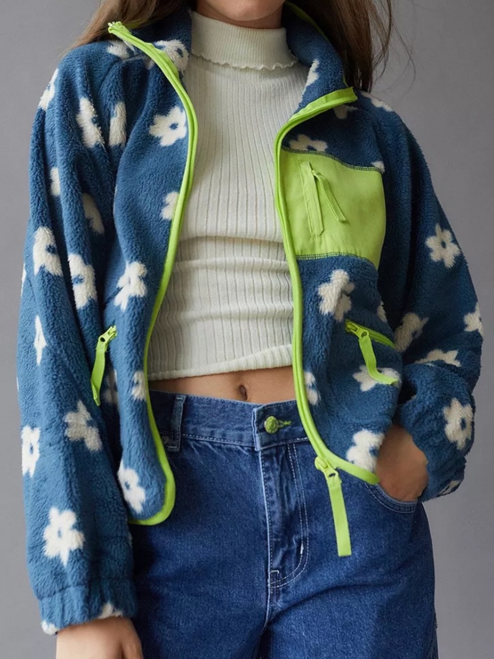Urban Outfitters Stormi Flower Print Mock Neck Fleece Jacket Neon Green Trim M